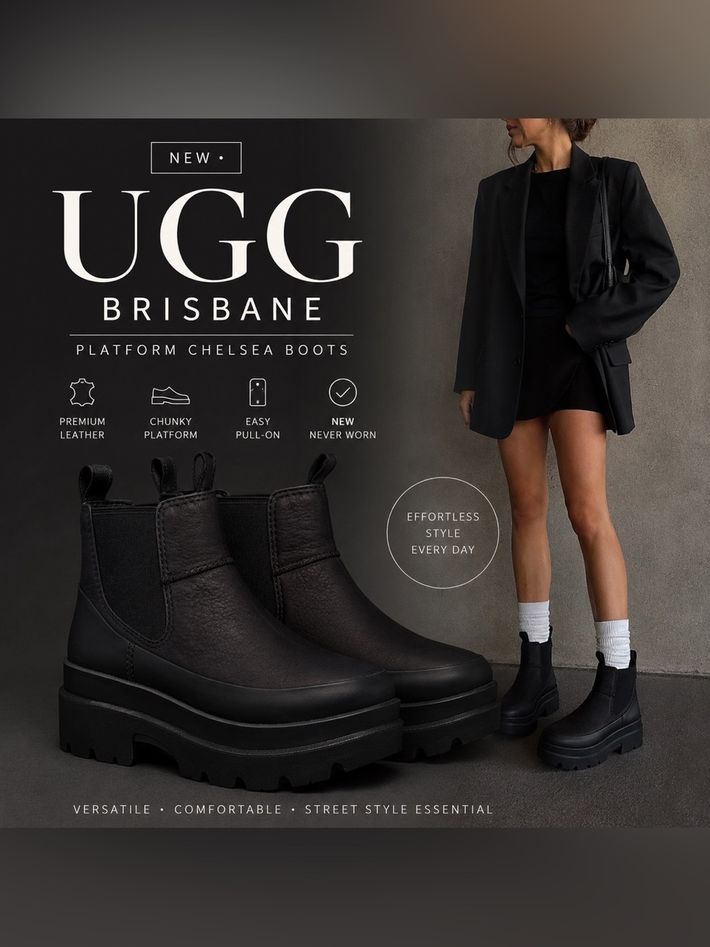 UGG Brisbane Chunky Platform Chelsea Boots Black | NWOT Condition